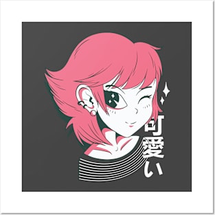 Kawaii Anime Girl Wink Posters and Art